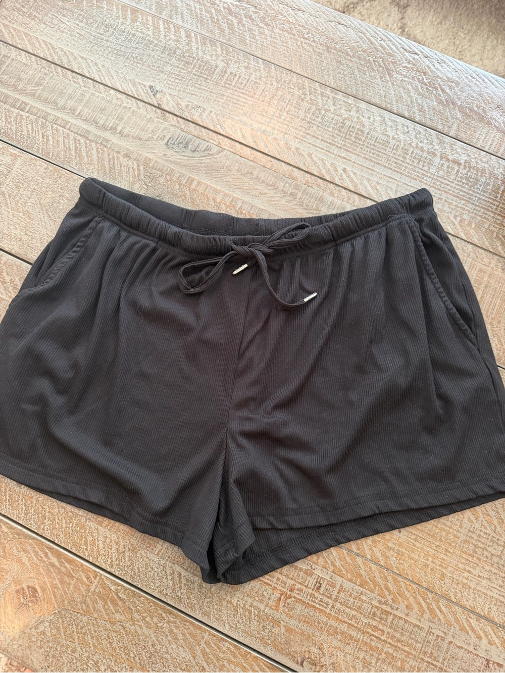Nicole Miller Black Ribbed Drawstring Lounge Shorts